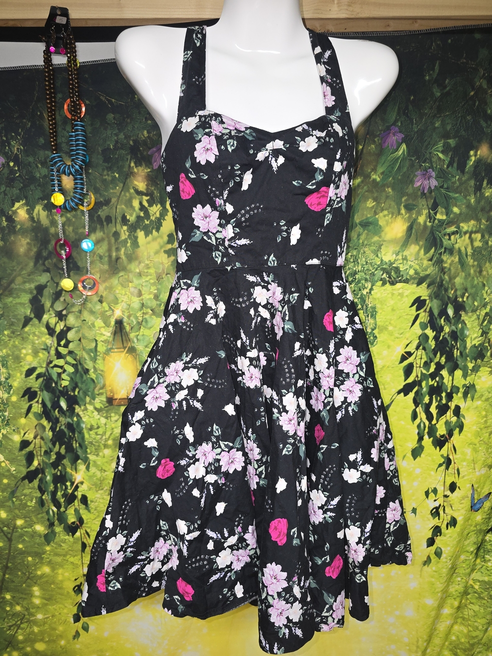 #190 Hell Bunny Belinda Floral Dress • 50s Rockabilly Halter Mini ♡ W Pockets